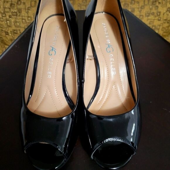 BLACK GLOSSY ANDREW GELLER TAYA OPEN TOE HIGH HEEL WOMEN"S SHOE - Picture 2 of 16